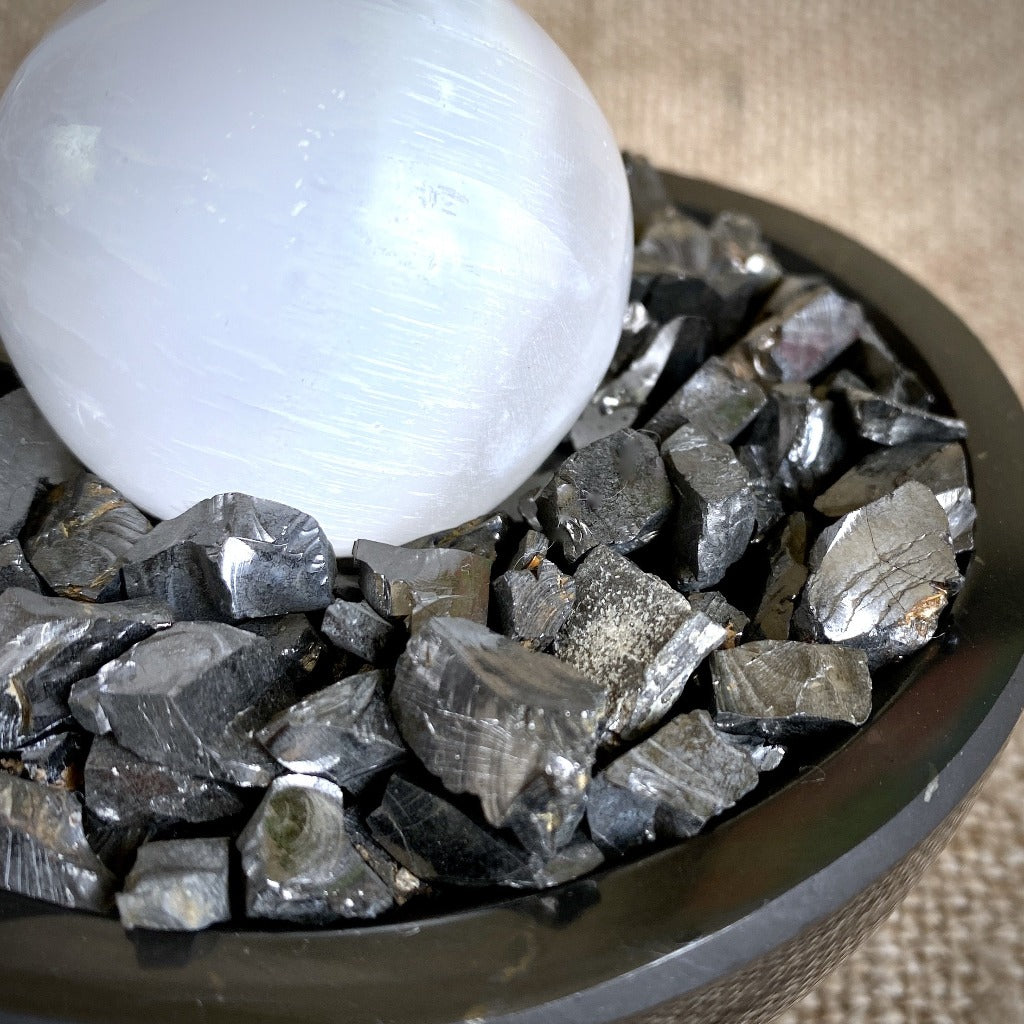 Elite Shungite Stones & Selenite Sphere in Carved Black Shungite Bowl - Shungite Queen