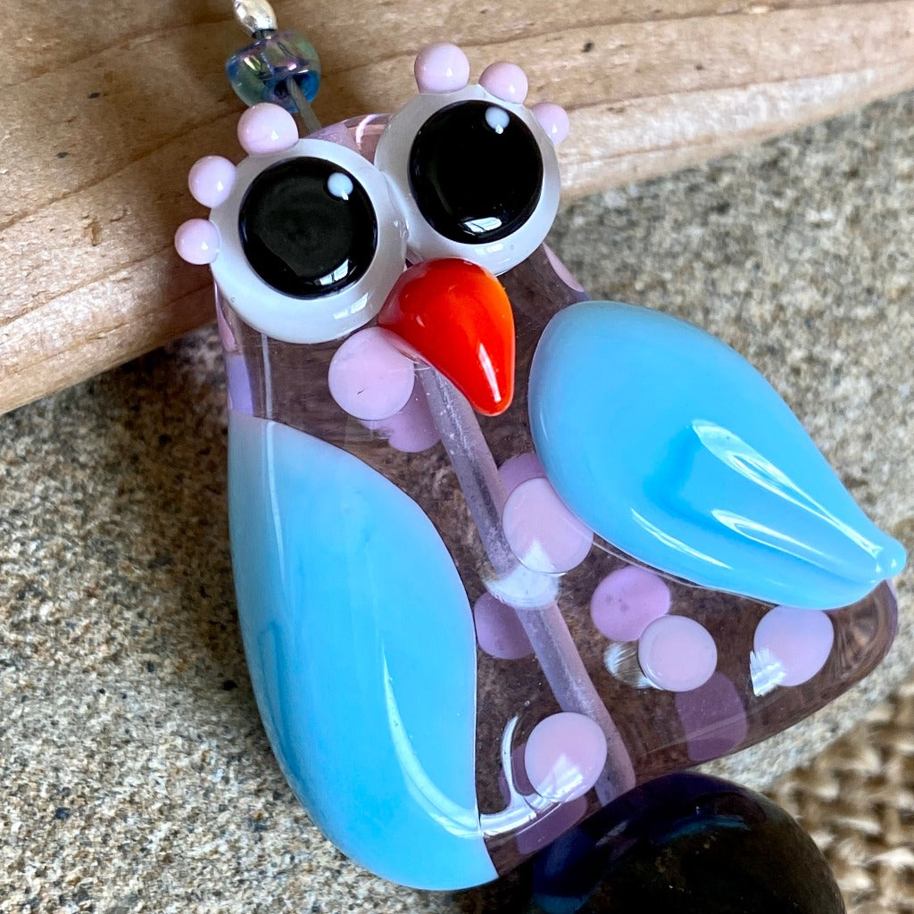 Big Silly Bird Clip-on Necklace, Shungite, Artisan Lampwork Glass Bead