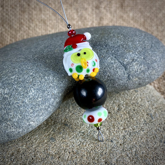 Adorable Christmas Owl & Shungite Ornament, Polka Dots & Christmas Hat - Shungite Queen