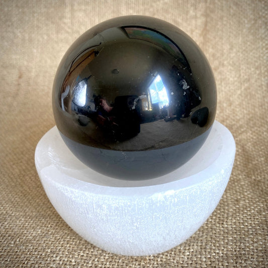 Large Genuine Black Shungite Sphere 75mm in Carved Selenite Bowl
