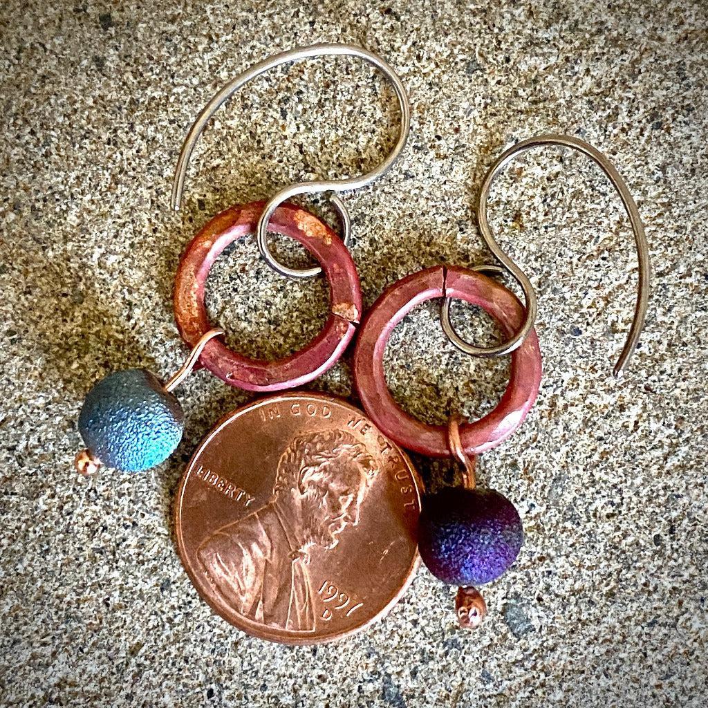 Earrings with Hammered Copper Rings, Blue &  Purple Raku Beads