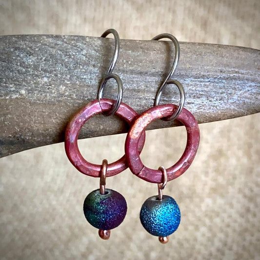 Earrings with Hammered Copper Rings, Blue &  Purple Raku Beads