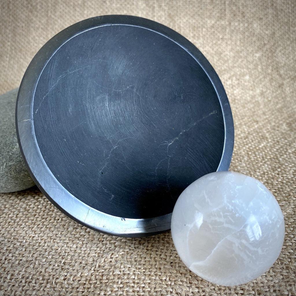 Elite Shungite Stones & Selenite Sphere in Carved Black Shungite Bowl - Shungite Queen