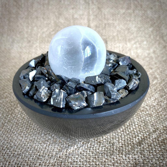 Elite Shungite Stones & Selenite Sphere in Carved Black Shungite Bowl - Shungite Queen