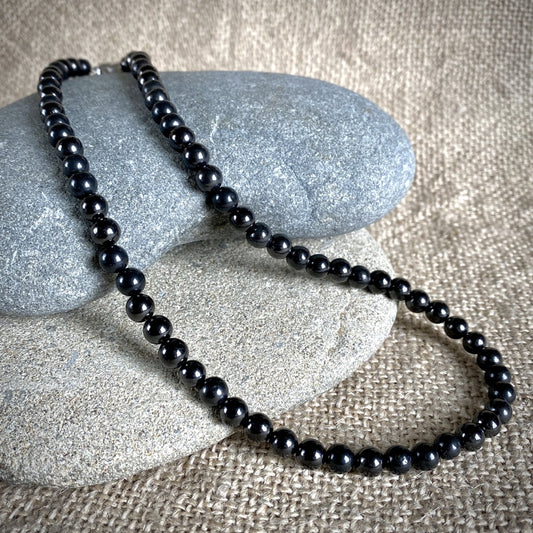 Black Shungite 6mm Round Bead Necklace, 18 Inches, Short, Unisex