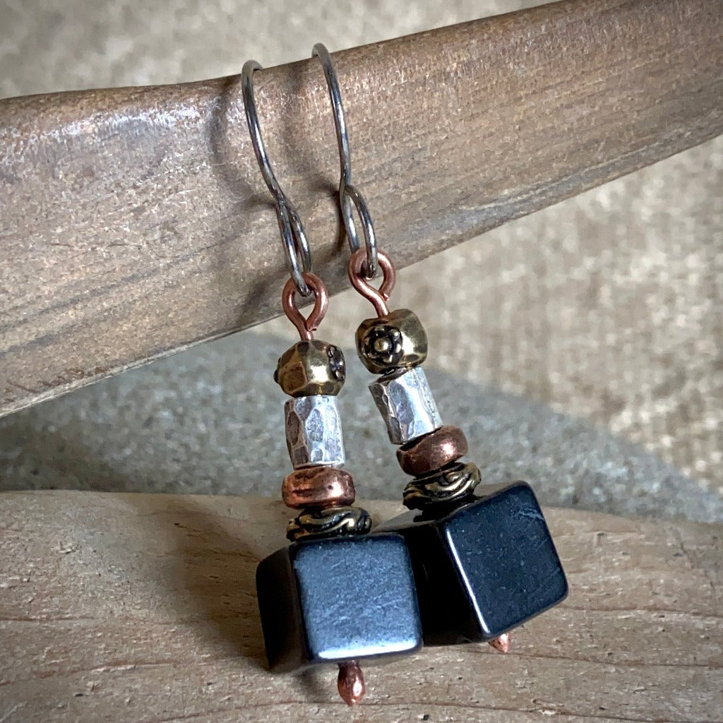Shungite Cube Earrings with Mixed Metal Beads, Titanium Ear Wires