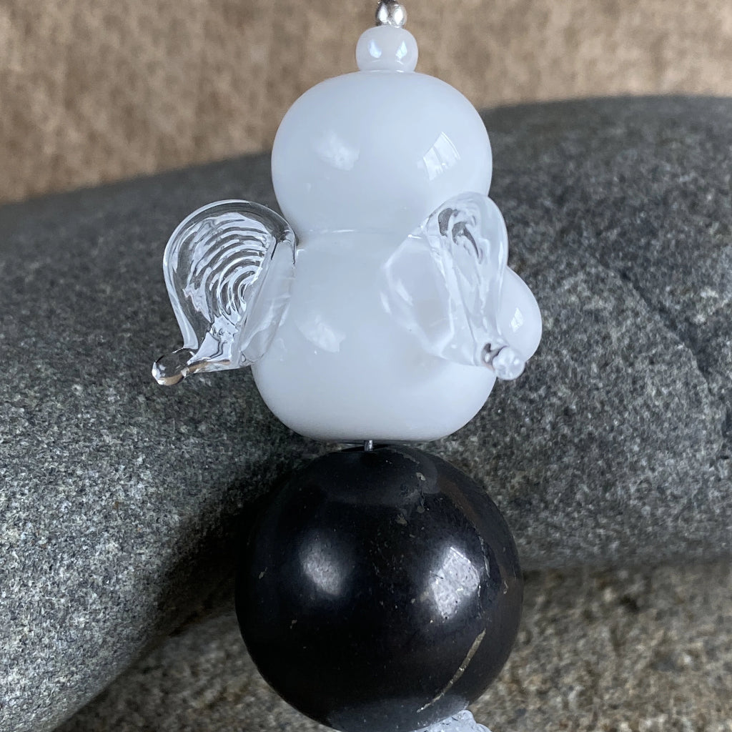 Snow Angel & Shungite Ornament, Big Pink Heart, Clear Glass Wings - Shungite Queen