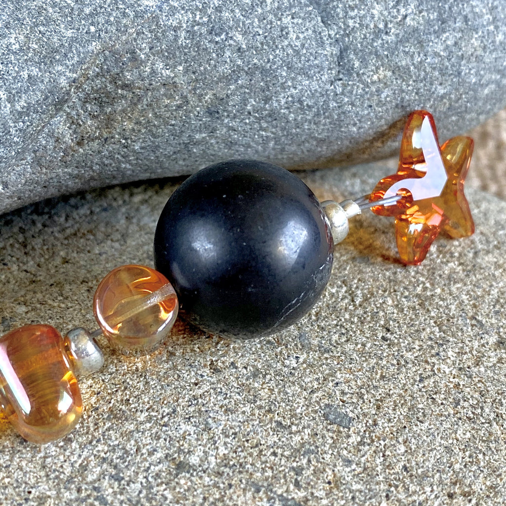 Shungite Ornament w/Sparkly Orange Swarovski Star, Gumdrop Beads - Shungite Queen