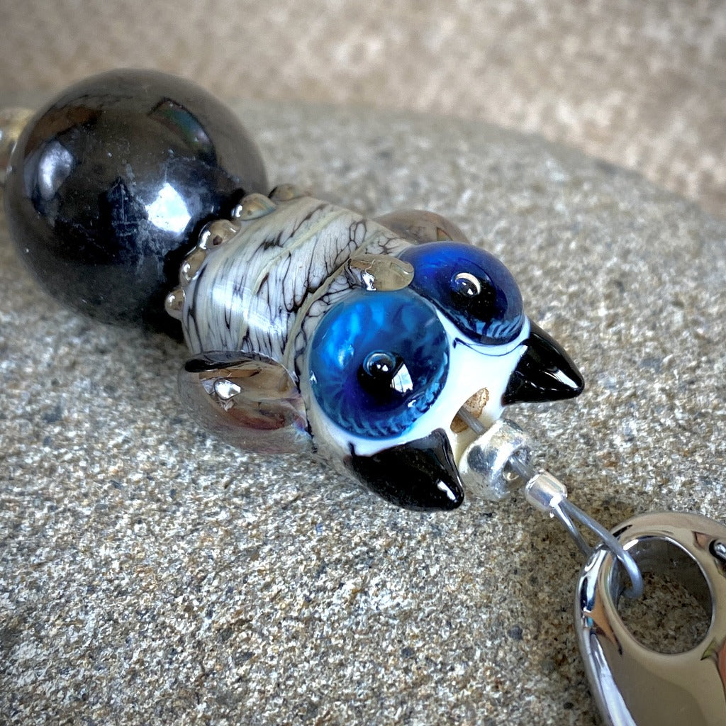 Blue-Eyed Owl & Shungite Clip-On, Necklace, Artisan Lampwork Glass Bead