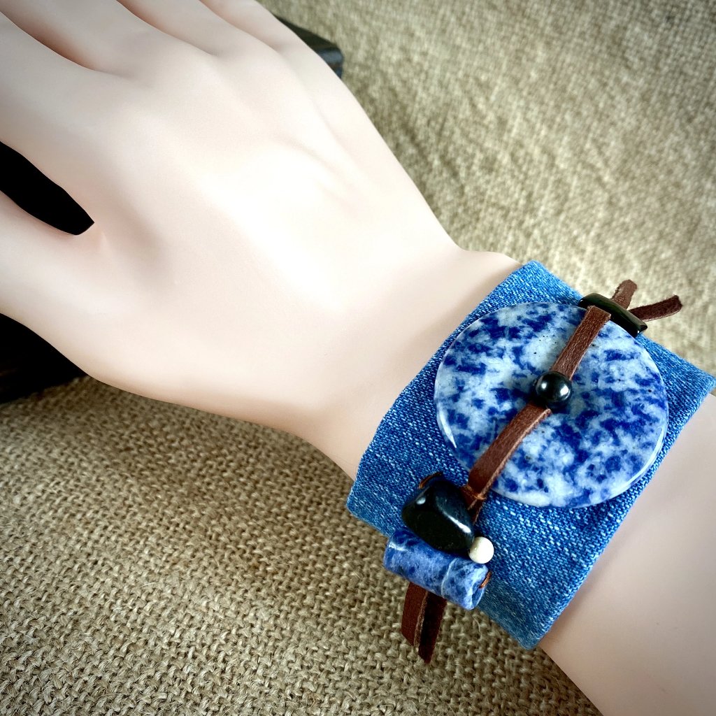 Blue Denim Cuff Bracelet, Sodalite Donut, Shungite & Sodalite Beads - Shungite Queen