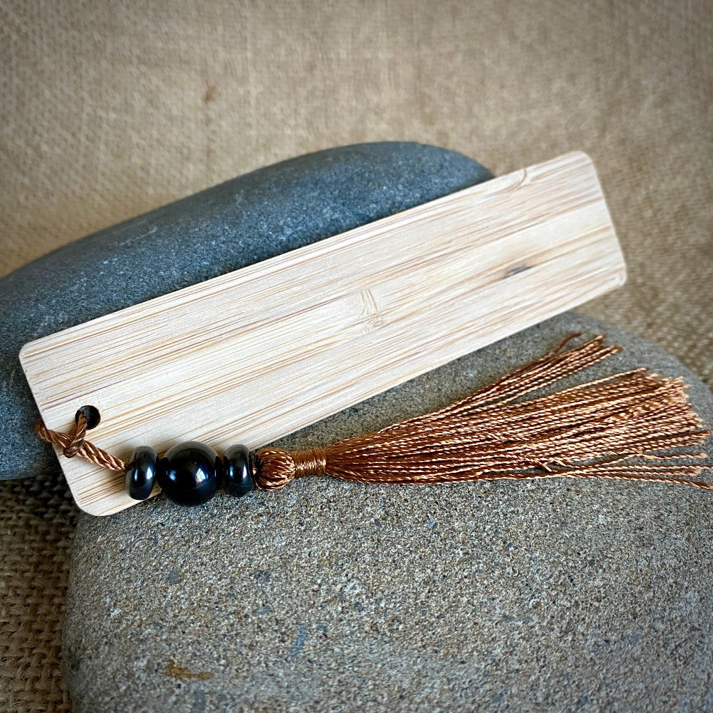 Shungite Bookmark on Bamboo with Chestnut Brown Tassel