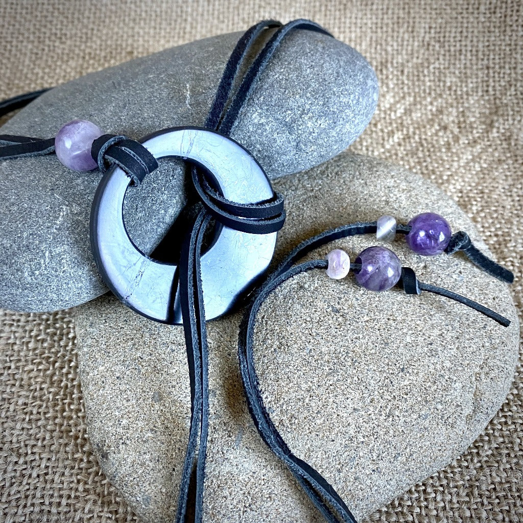 Lariat Style Shungite Necklace w/Eclipse Pendant & Amethyst Beads