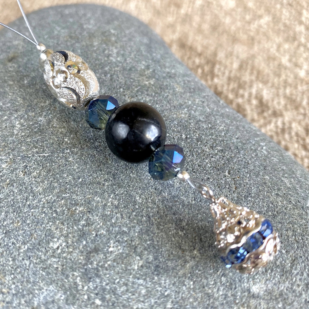 Shungite Ornament w/Balinese Sterling Silver Beads, Tiny Blue Crystals - Shungite Queen