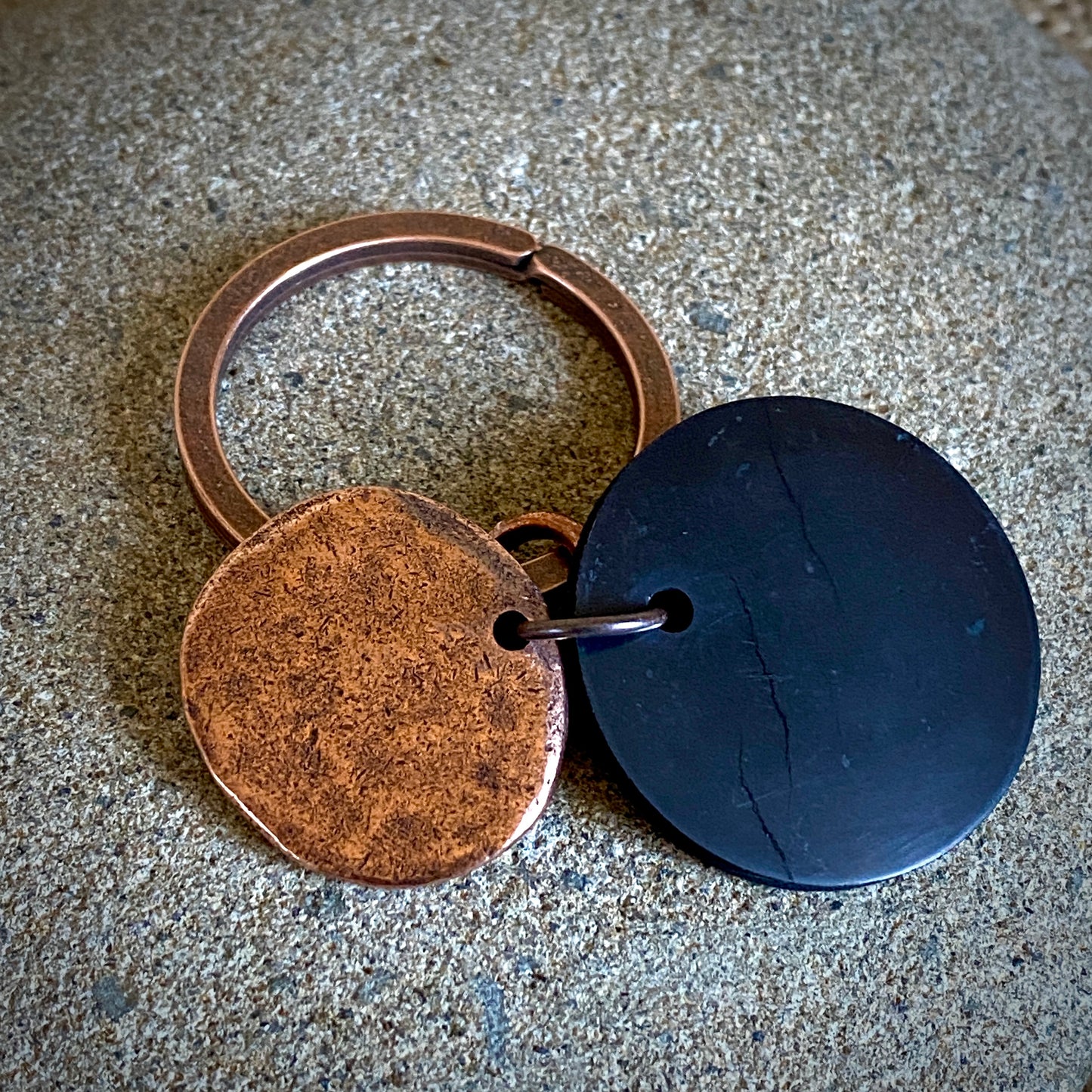 Shungite Disk Keychain With Weighty Antique Copper Bird Charm