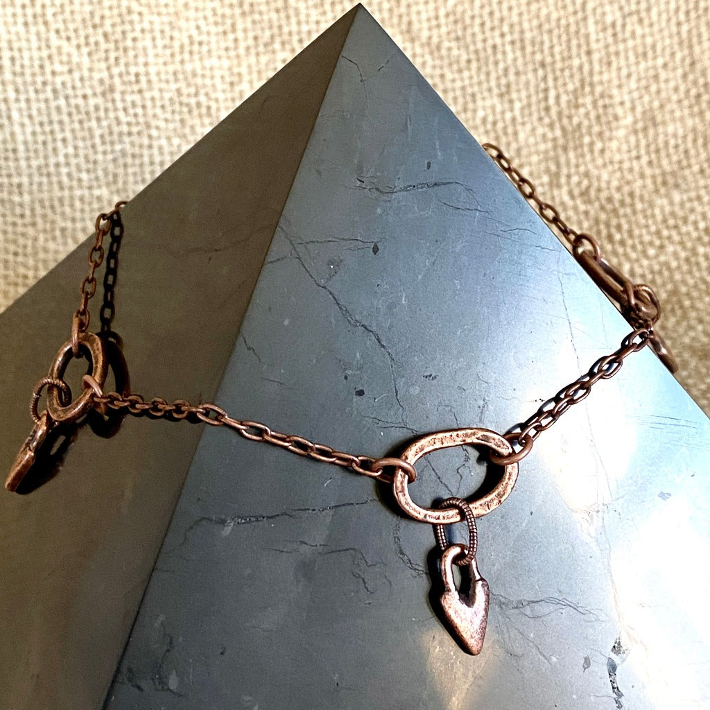 Large Copper Topper with Antique Copper Oval Link Heart Dangles