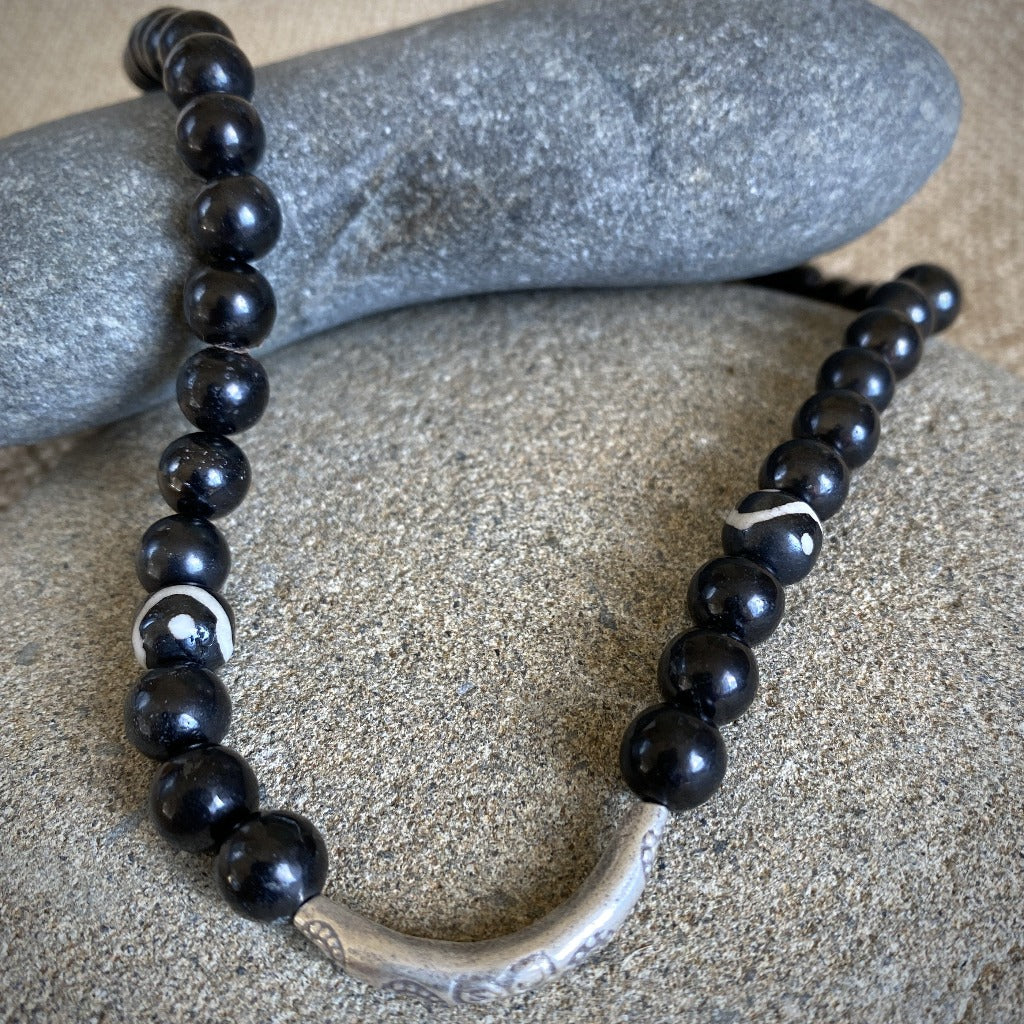 Shungite Bead Necklace, Hill Tribe Silver Stamped Tube Bead, Unisex