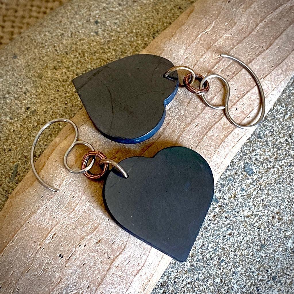 Fun Dangly Shungite Heart Earrings, Mixed Metal, Titanium Ear Wires