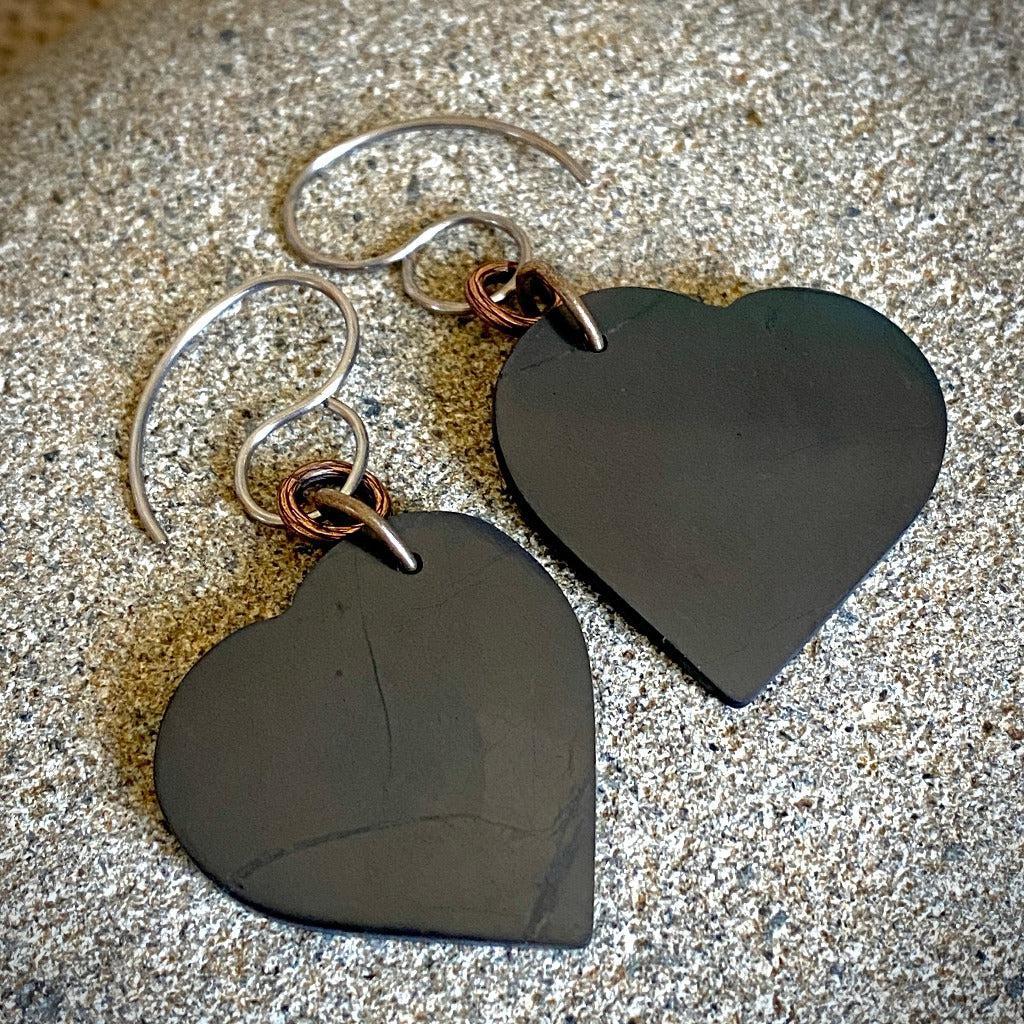 Fun Dangly Shungite Heart Earrings, Mixed Metal, Titanium Ear Wires