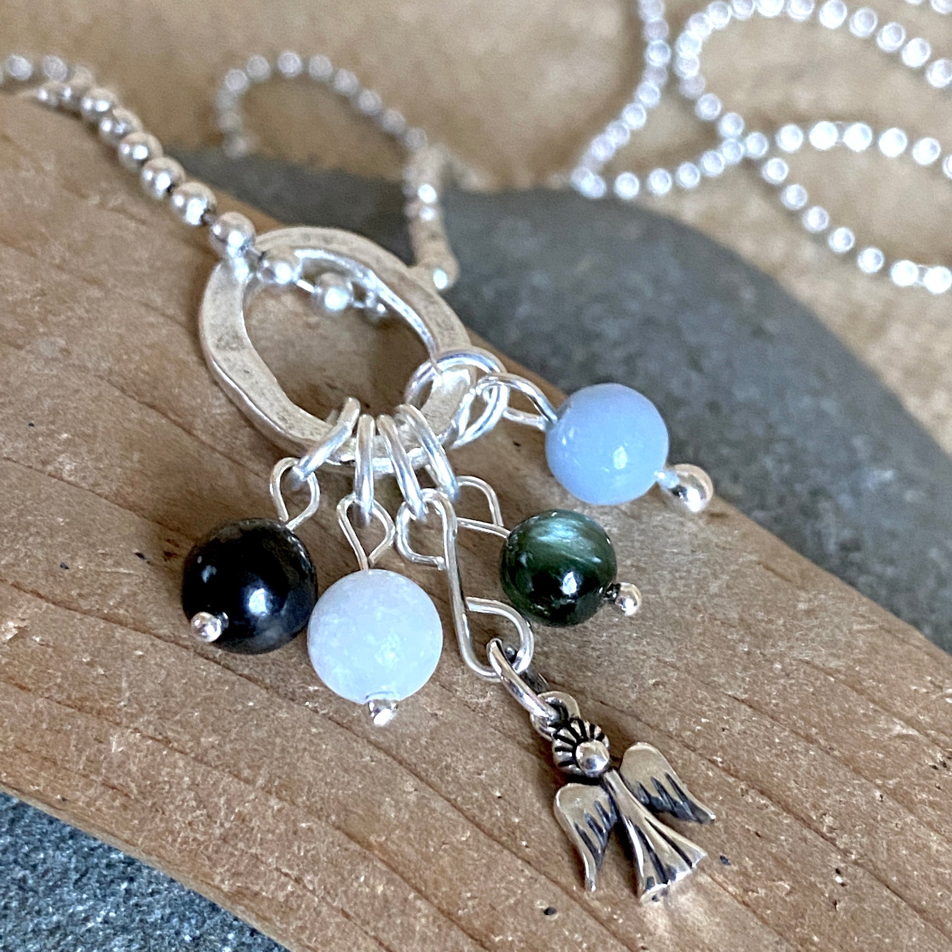 Gemstone Angel Connections Ball Chain Necklace with Silver Angel Charm