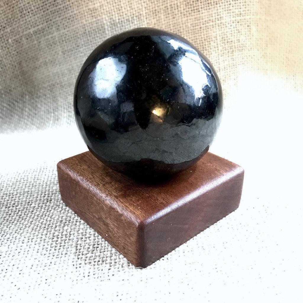 Genuine Black Shungite Sphere, 75mm, 3 Inch, Custom Mahogany Stand - Shungite Queen