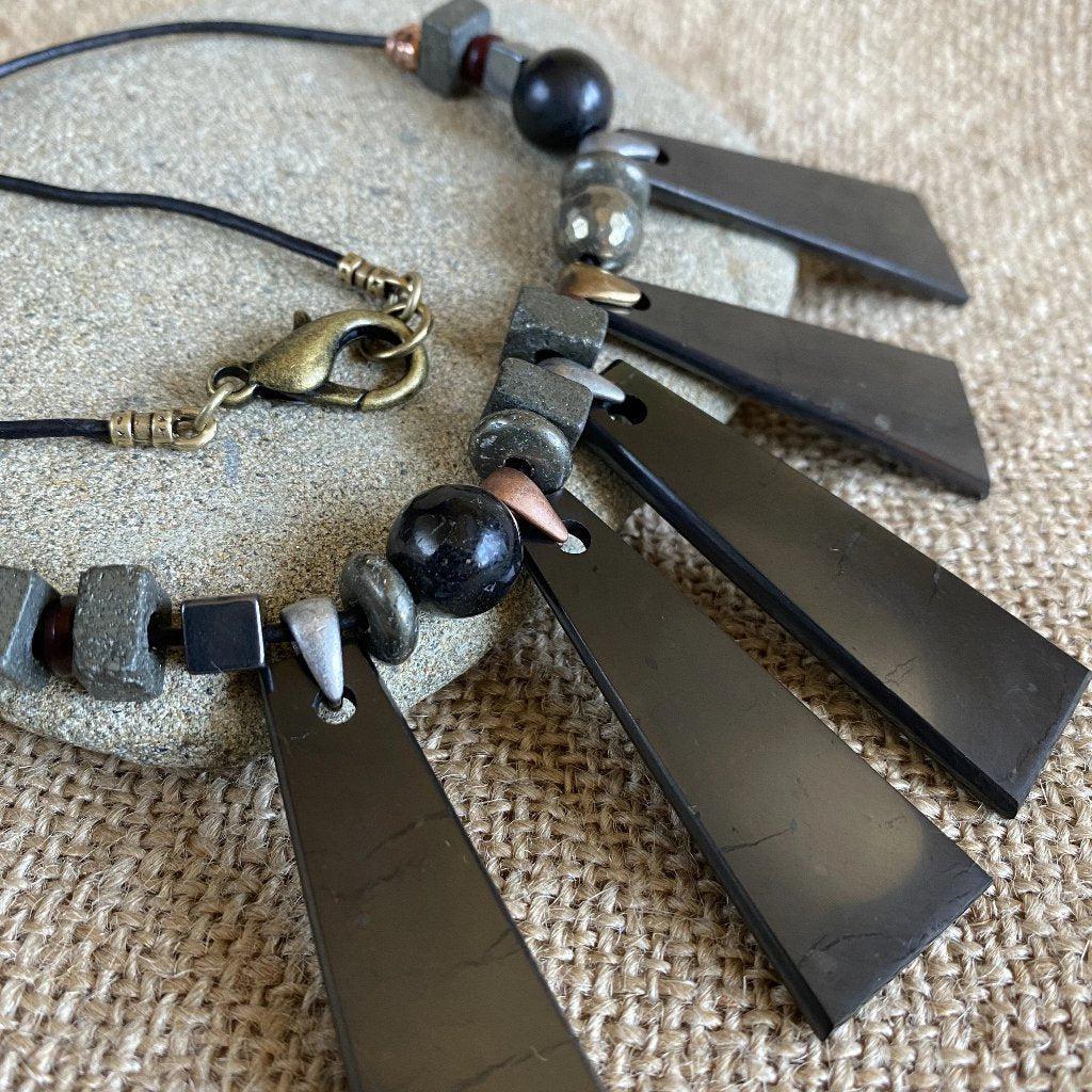 Geometric Shungite Trapezoid Necklace w/Pyrite, Hematite, & Carnelian Beads - Shungite Queen