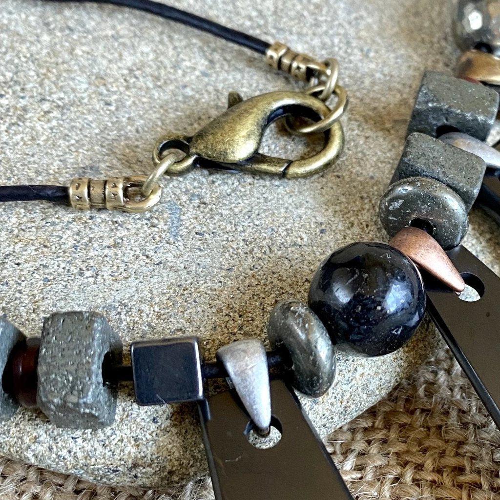 Geometric Shungite Trapezoid Necklace w/Pyrite, Hematite, & Carnelian Beads - Shungite Queen