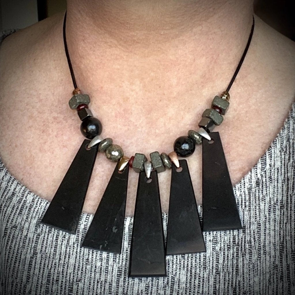 Geometric Shungite Trapezoid Necklace w/Pyrite, Hematite, & Carnelian Beads - Shungite Queen