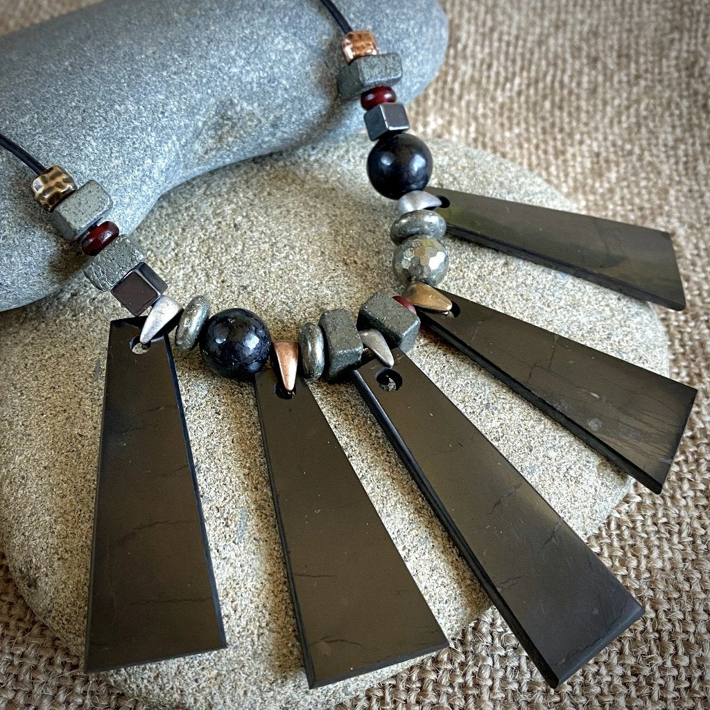 Geometric Shungite Trapezoid Necklace w/Pyrite, Hematite, & Carnelian Beads - Shungite Queen