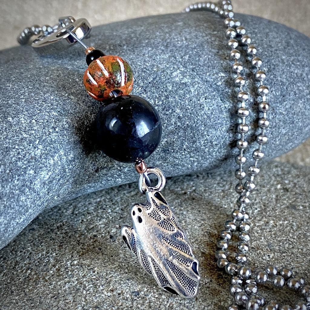 Ghost & Pumpkin Halloween Clip-On Necklace with Shungite