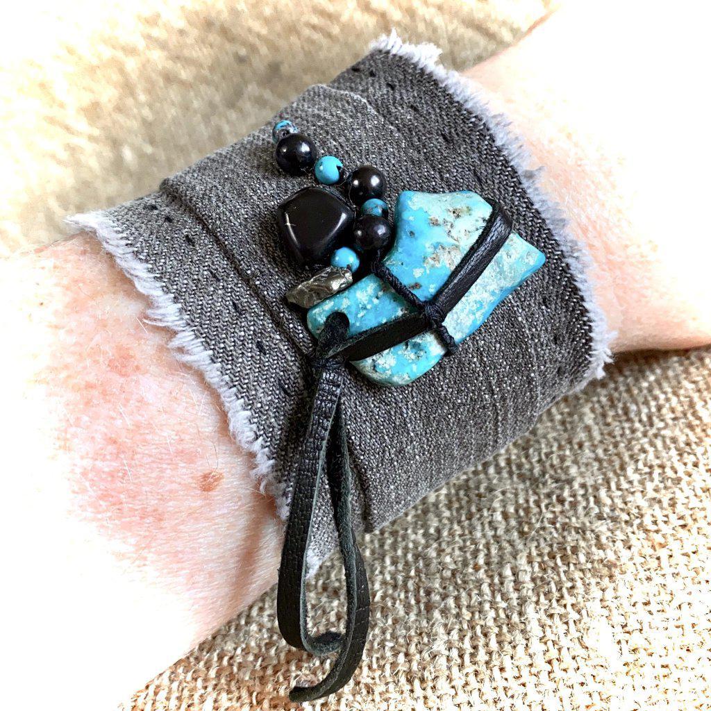 Gray Denim Cuff Bracelet, Shungite, Turquoise, Pyrite, Black Leather - Shungite Queen