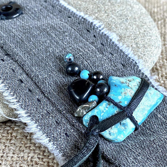 Gray Denim Cuff Bracelet, Shungite, Turquoise, Pyrite, Black Leather - Shungite Queen