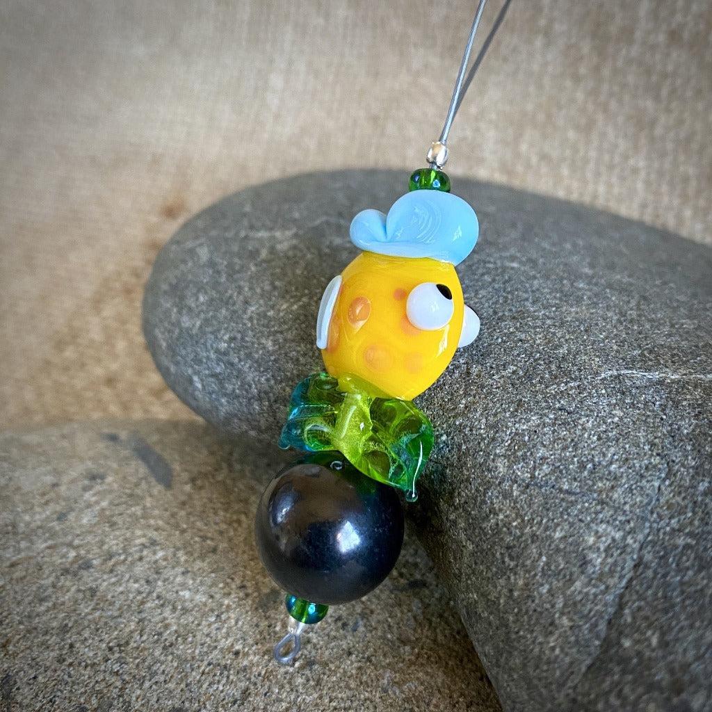 Hangable Shungite Accessory, Yellow Lampwork Glass Fish, Big Blue Lips