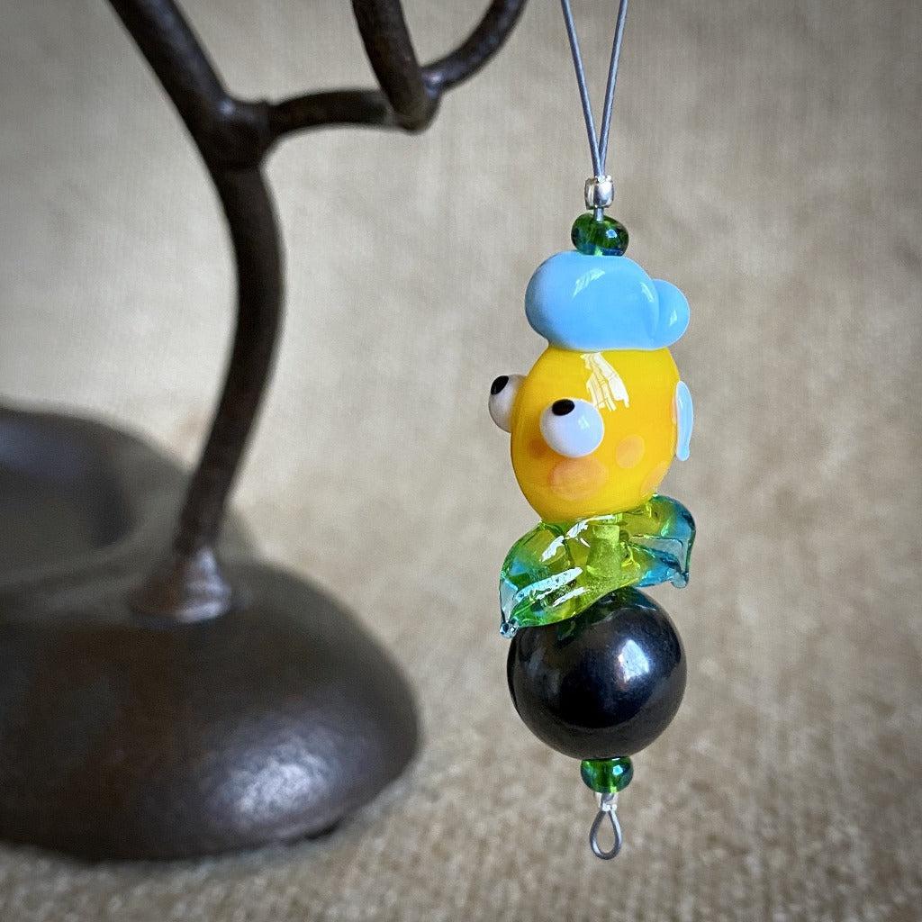 Hangable Shungite Accessory, Yellow Lampwork Glass Fish, Big Blue Lips