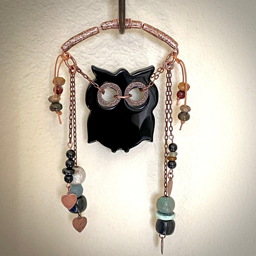 Obsidian Owl w/Copper, Shungite Bead Dangles, Ceramic, Glass, Jasper