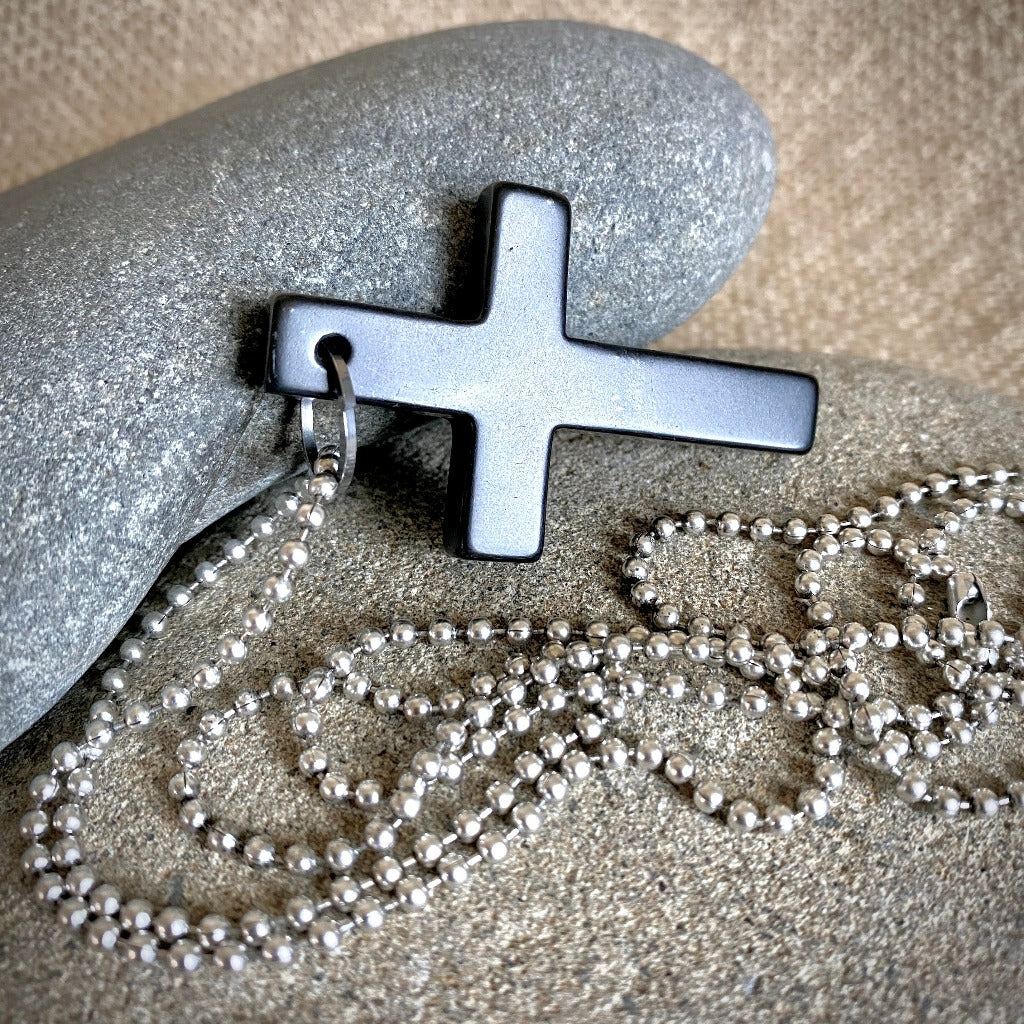 Shungite Cross Pendant, Unisex Necklace on Silver Ball Chain