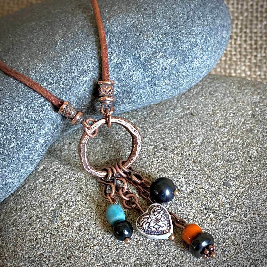 Copper Hoop Necklace with Shungite, Recycled Glass & Ceramic Beads