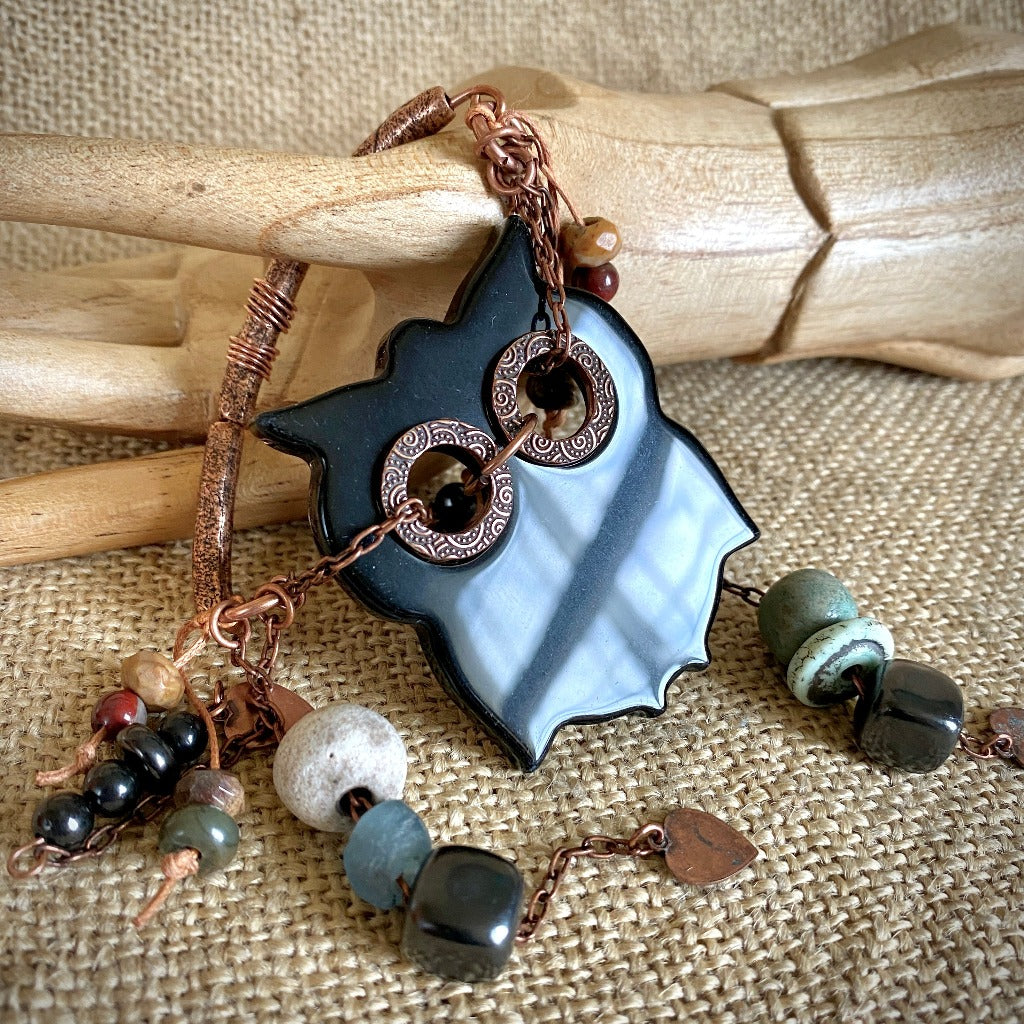 Obsidian Owl w/Copper, Shungite Bead Dangles, Ceramic, Glass, Jasper