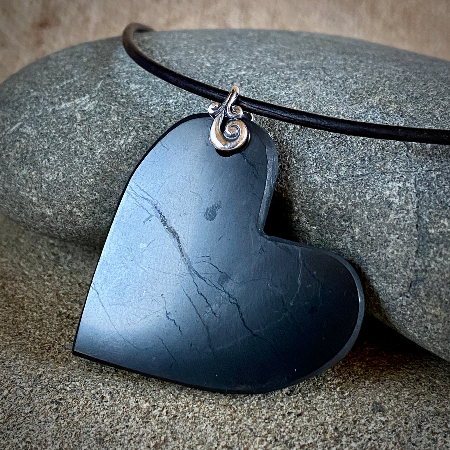 Large Shungite Heart Pendant Necklace, Angle Dangle, Sterling Silver Bail - Shungite Queen