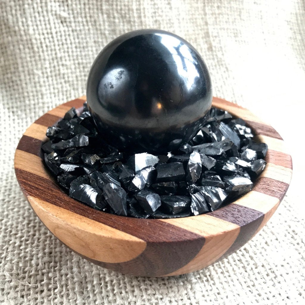 Black Shungite Sphere with Elite Shungite in Wood Bowl - Shungite Queen
