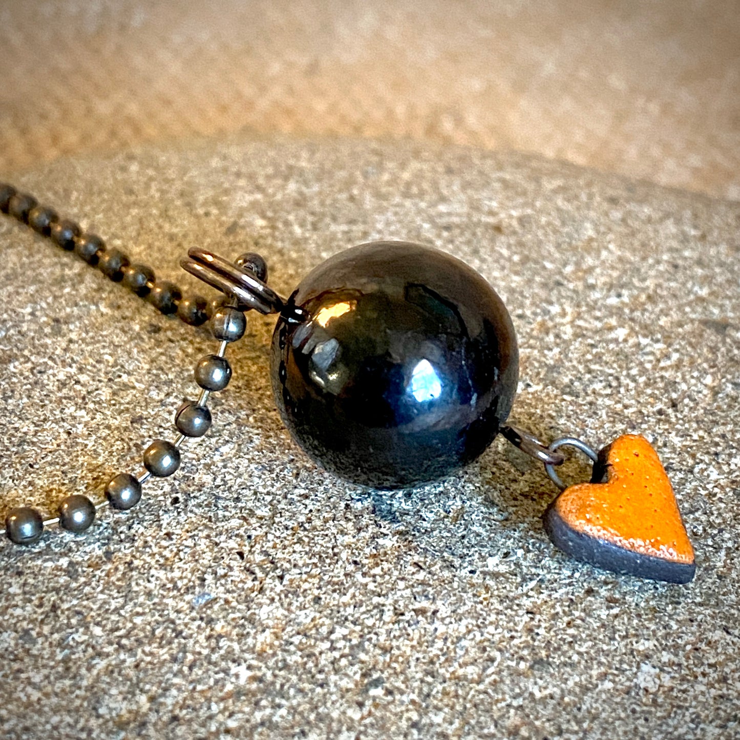 Ball & Chain Necklace, Shungite Bead, Antiqued Brass, Heart Charm