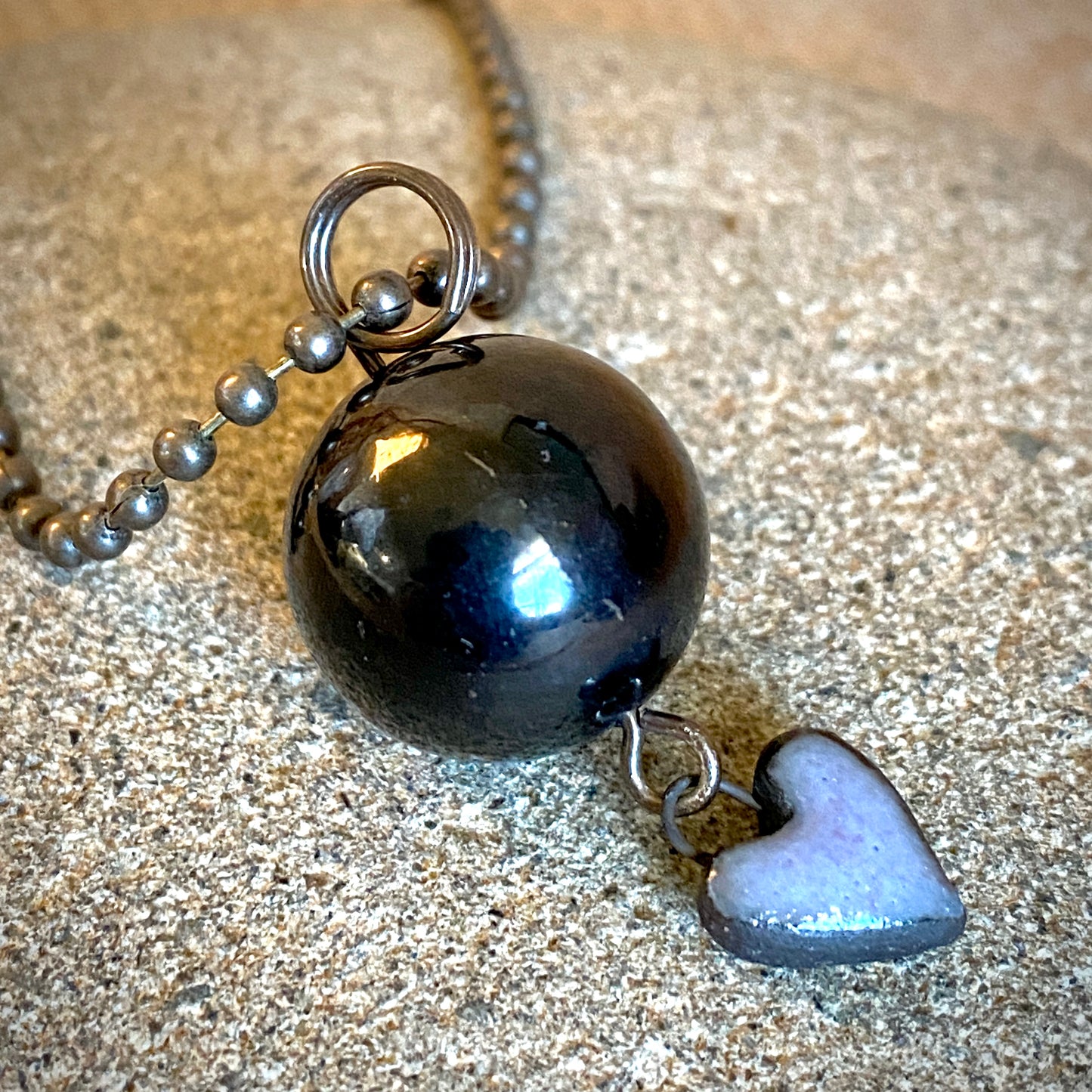 Ball & Chain Necklace, Shungite Bead, Antiqued Brass, Heart Charm