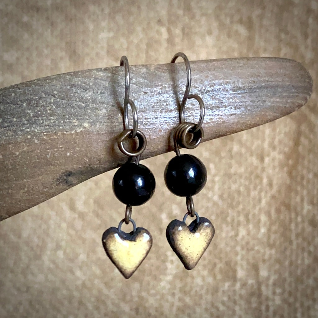 Shungite & Colorful Ceramic Heart Earrings, Brass, Titanium Ear Wires