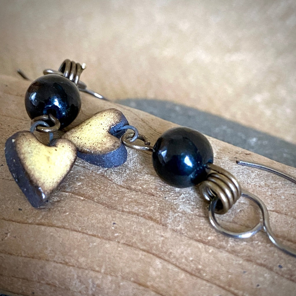 Shungite & Colorful Ceramic Heart Earrings, Brass, Titanium Ear Wires