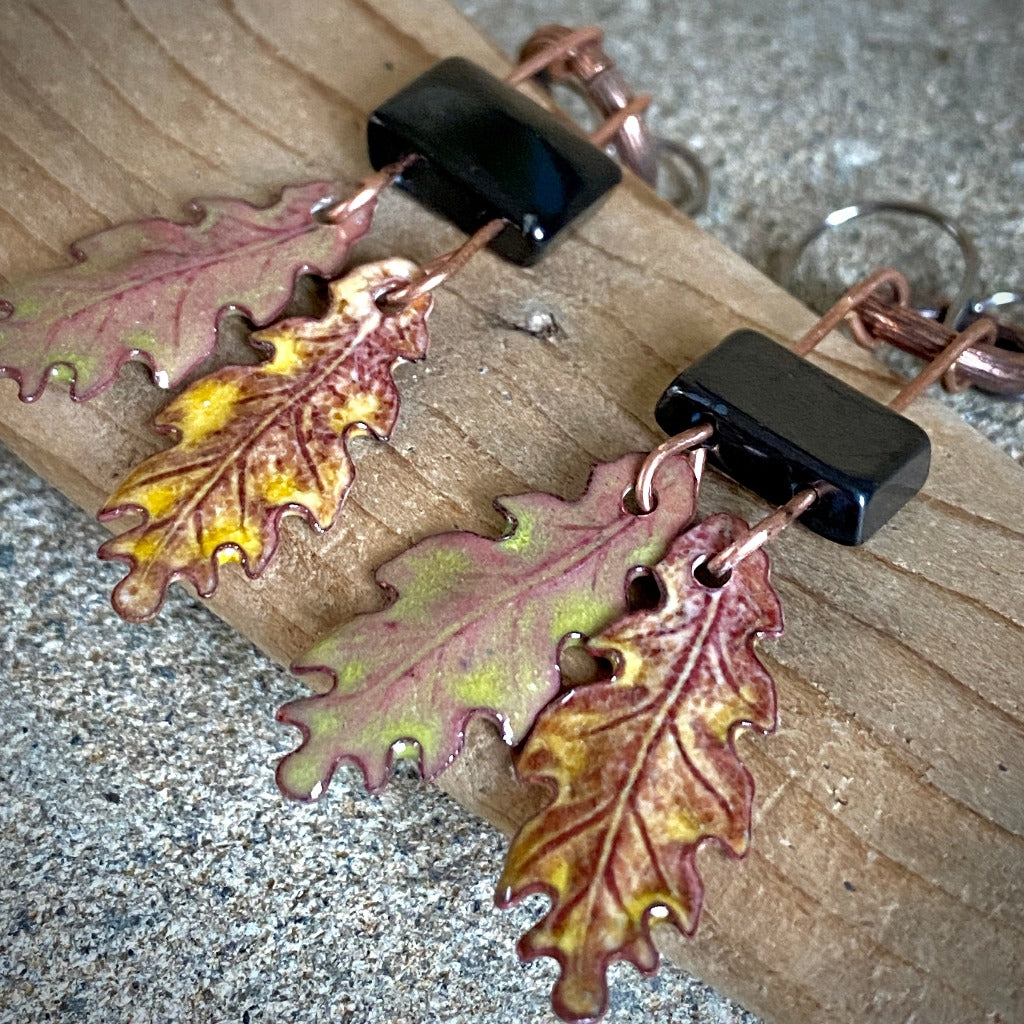 Shungite & Enameled Copper Double Oak Leaf Earrings, Yellow & Green