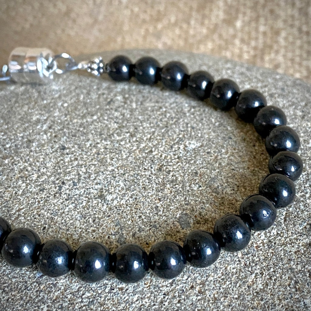 Shungite Bracelet, 6mm Round Beads, Sterling Silver Clasp