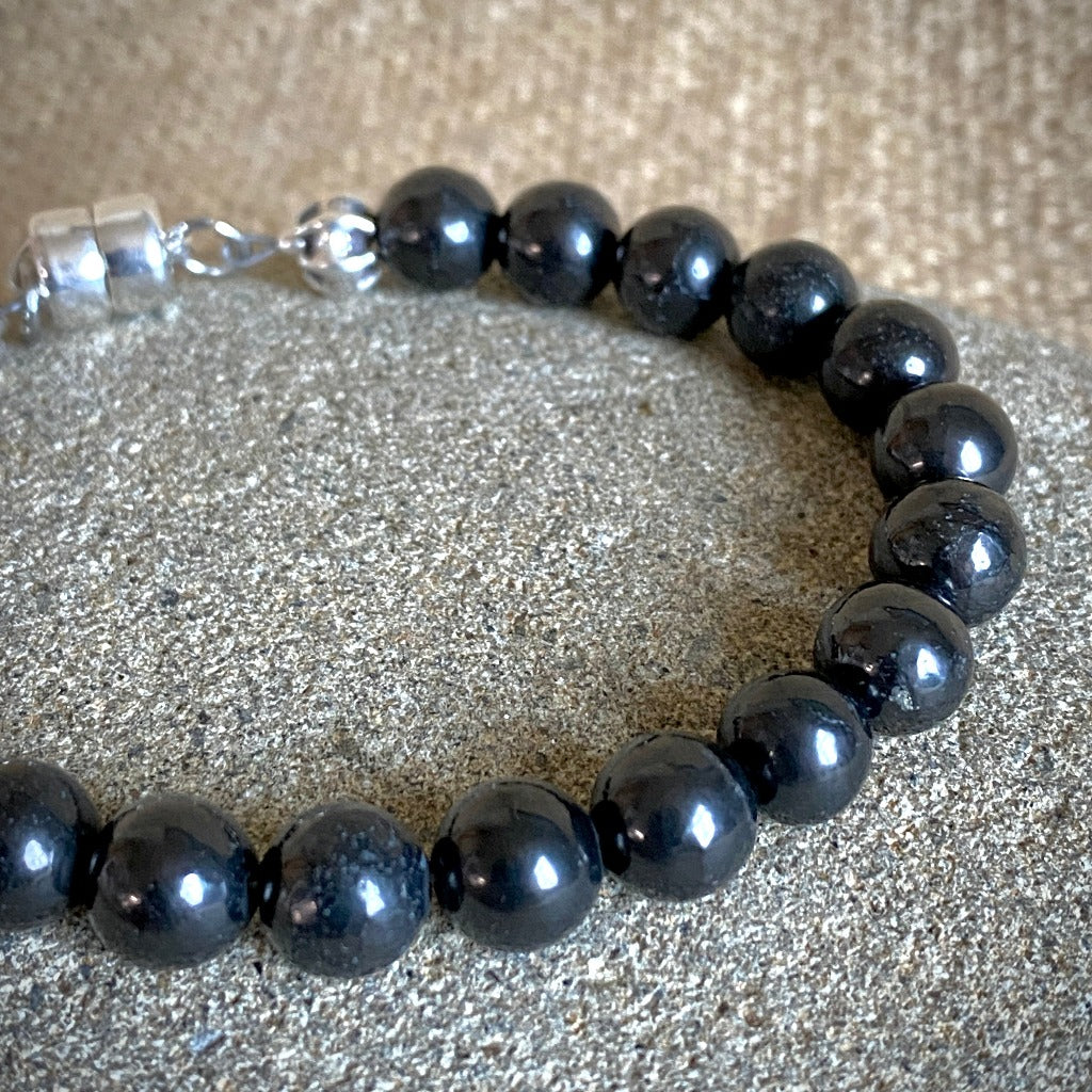 Shungite Bracelet, 8mm Round Beads, Sterling Silver Clasp