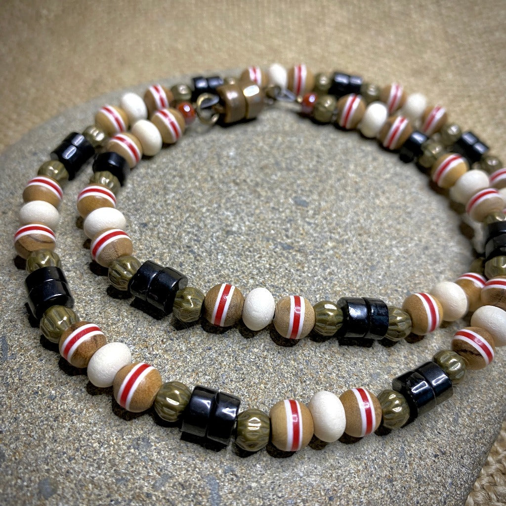 Wood & Brass Bead Necklace with Shungite Heishi Beads, Unisex