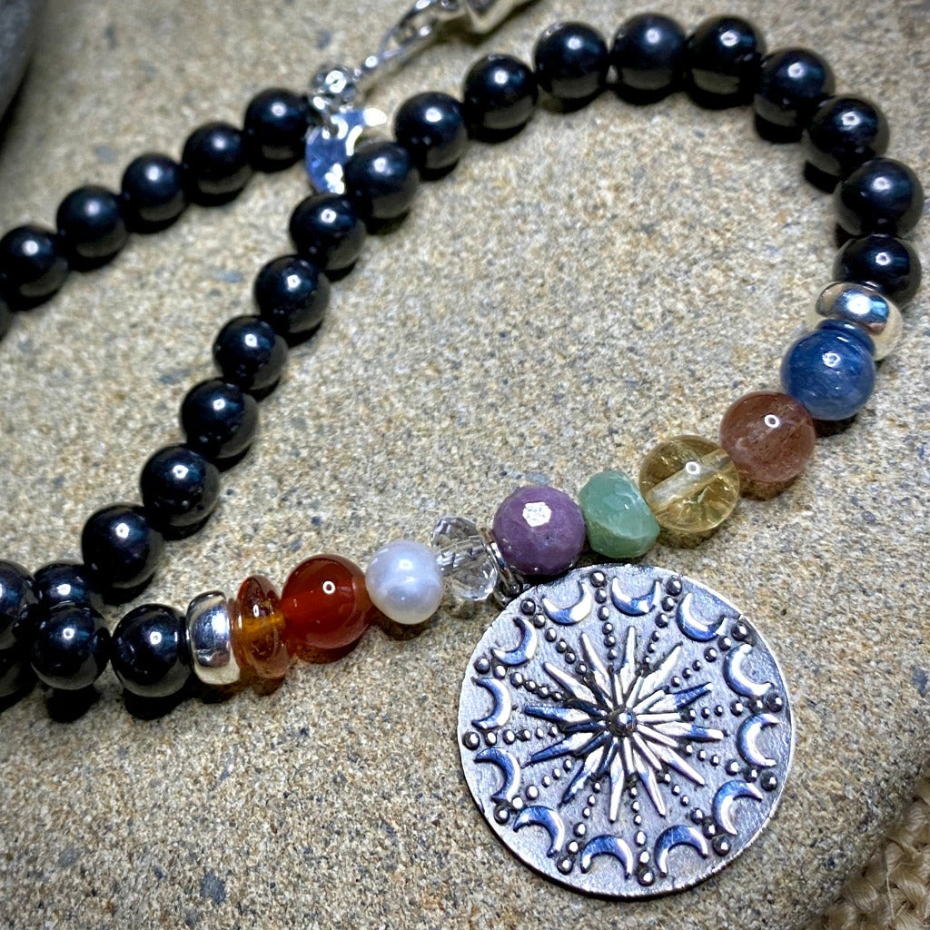 Navaratna Necklace with Shungite, Sun & Moon Mandala Pendant