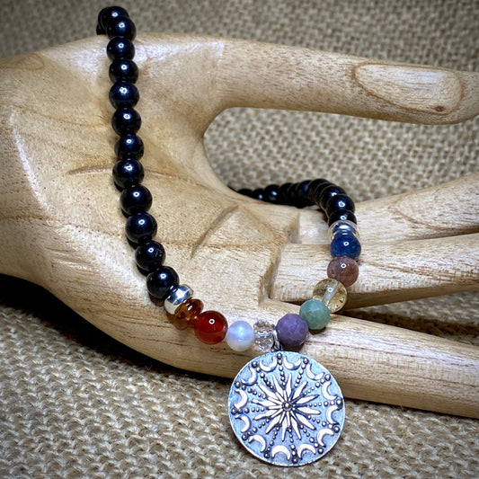Navaratna Necklace with Shungite, Sun & Moon Mandala Pendant