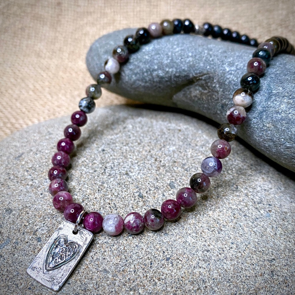 Shungite & Multicolor Tourmaline Necklace, Fine Silver Heart Charm